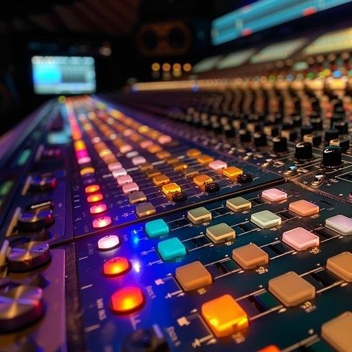 Nahaufnahme eines beleuchteten Mischpults in einem dunklen Tonstudio